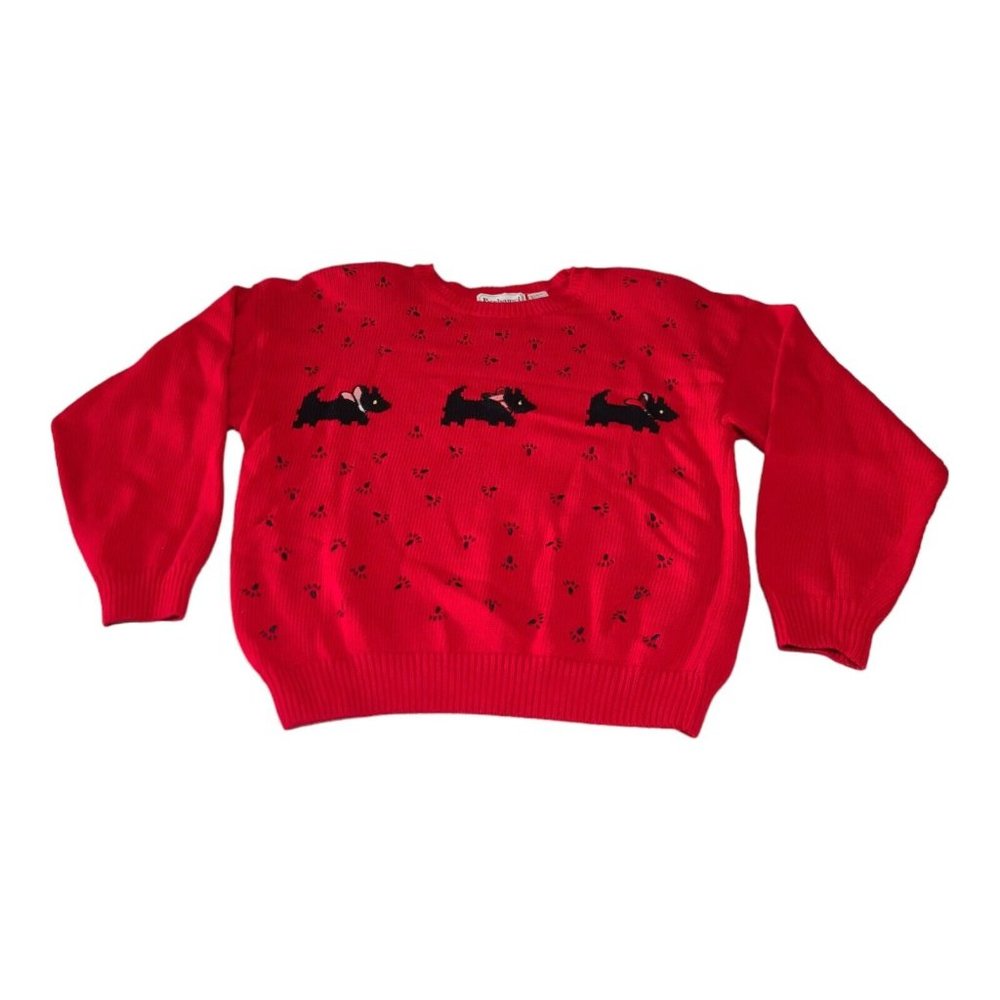 Vintage Bechamel Red Sweater Scottie Dog Womens Large Embroidered Knit Paw Print